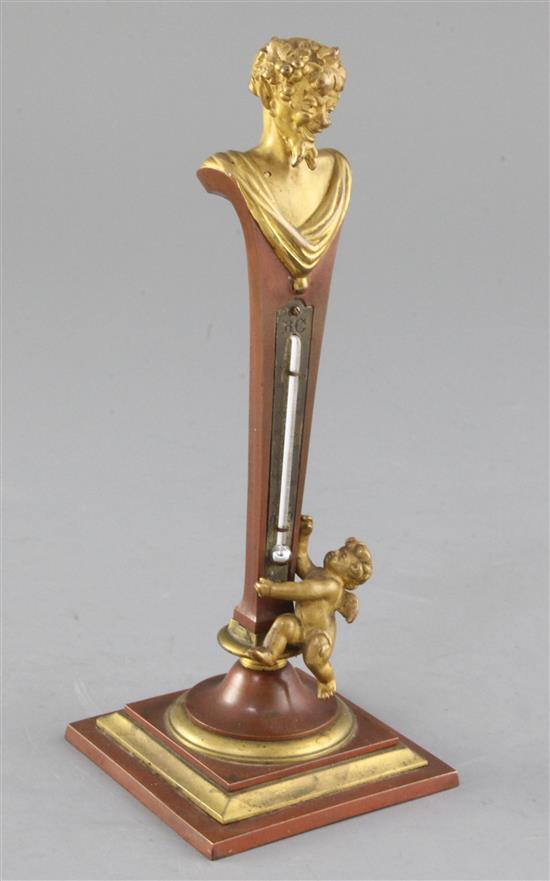 An early 20th century French gilt and patinated bronze desk thermometer, height 8in.